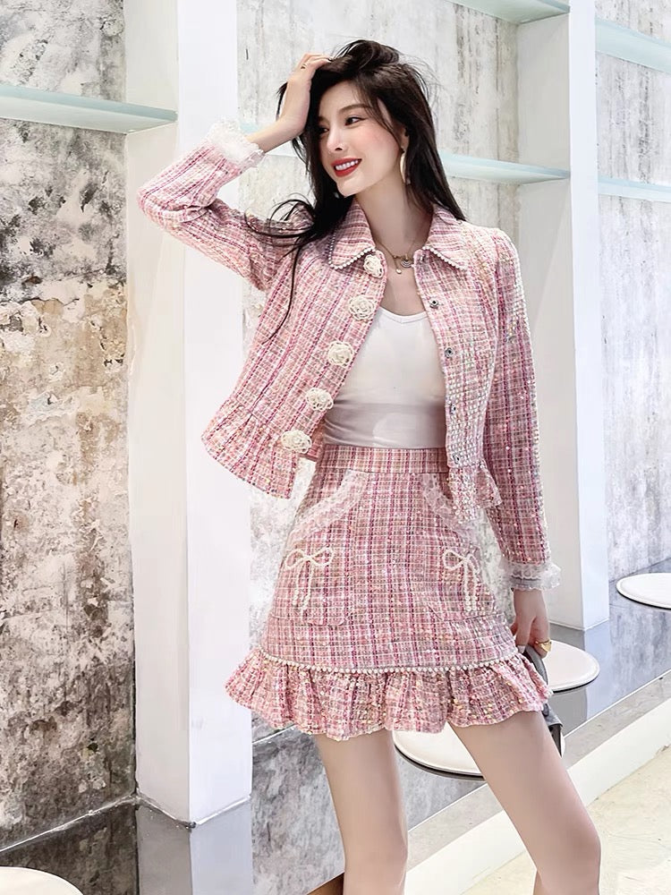 Fashion ladies spring and winter woolen suit 2022 new women's top coat half skirt small dress net red two-piece set