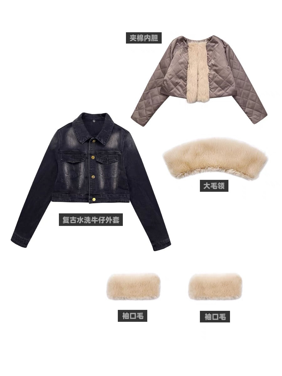 Denim plus velvet short small jacket women's winter 2022 new small design sense niche retro woolen cotton clothes