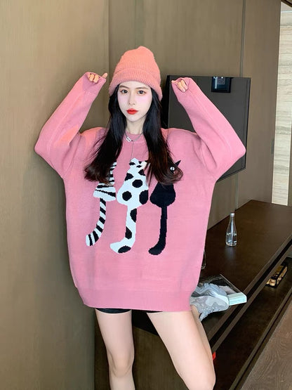 Pink milk fufu sweater women's loose pullover lazy style Korean style autumn and winter thickened medium and long outerwear knitted sweater