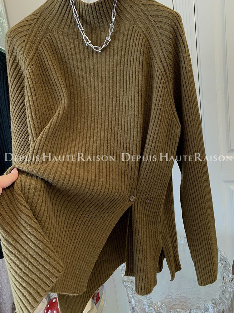 DHR Temperament Half High Collar Button Slit Thick Sweater Bottom Sweater Knitwear Women Loose All-match Slim