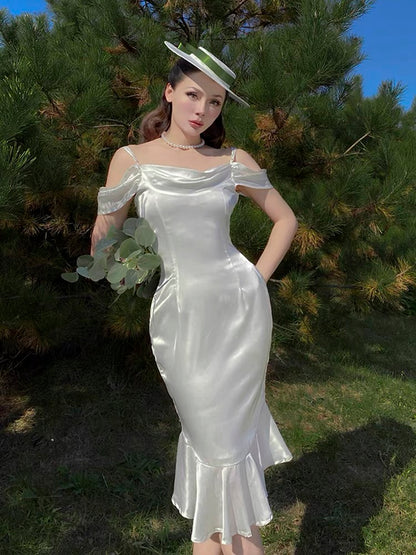 le palais vintage original spring and summer new white pearl satin off-the-shoulder drape fishtail dress