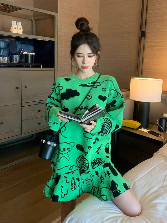 Green wool dress with coat mid-length knitted sweater autumn and winter loose pullover Korean style high-end sweater women