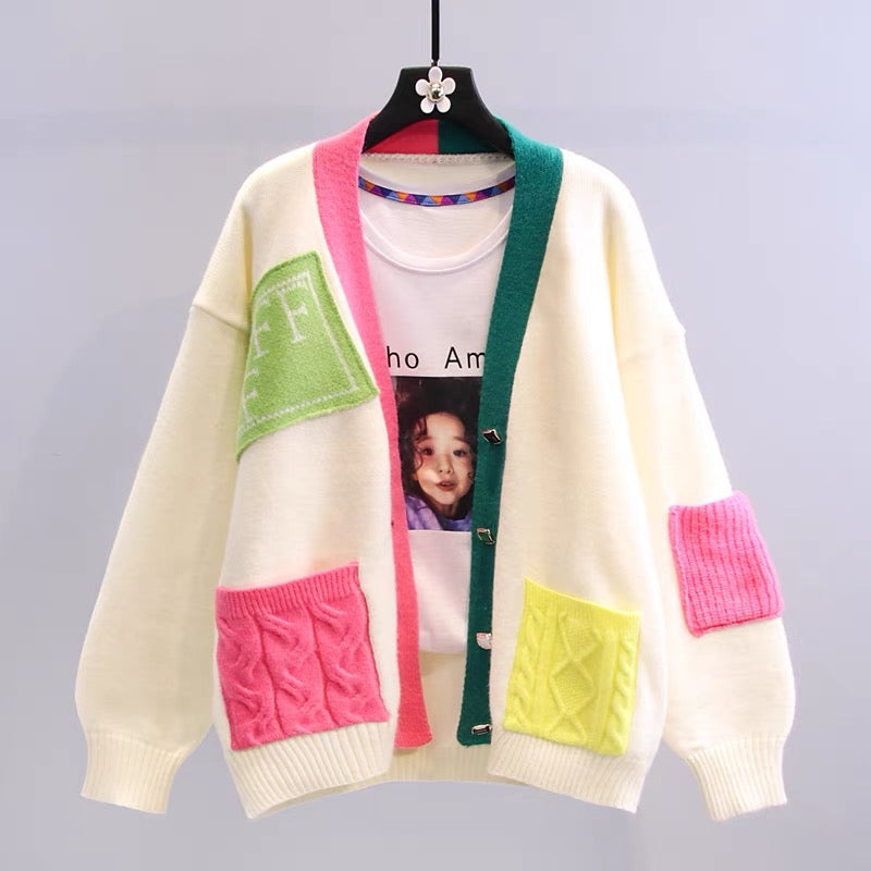 Western-style color-blocking sweater jacket women's autumn and winter 2022 new small fresh design loose and lazy wind knitted cardigan