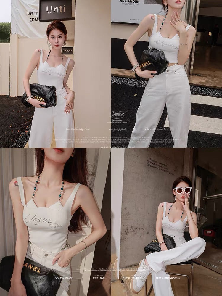 [Earth Store] Sweet hot girl white diamond chain two-piece vest female summer sexy suspender top