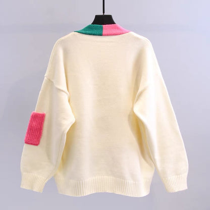 Western-style color-blocking sweater jacket women's autumn and winter 2022 new small fresh design loose and lazy wind knitted cardigan