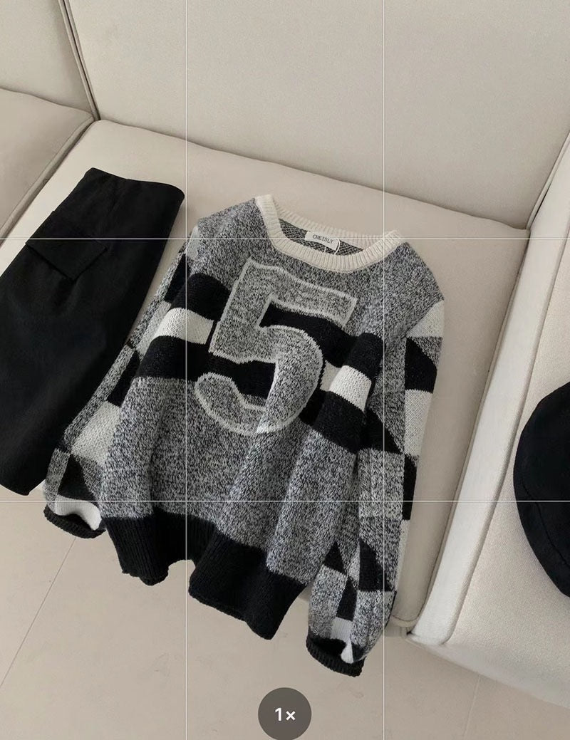 Duolaimei double-sided jacquard color matching 5-character pattern sweater women's autumn and winter loose design casual knitted top