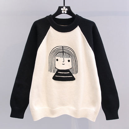 Contrast color cartoon girl pullover sweater female autumn and winter 2023 new Japanese style loose design bottoming knitted top