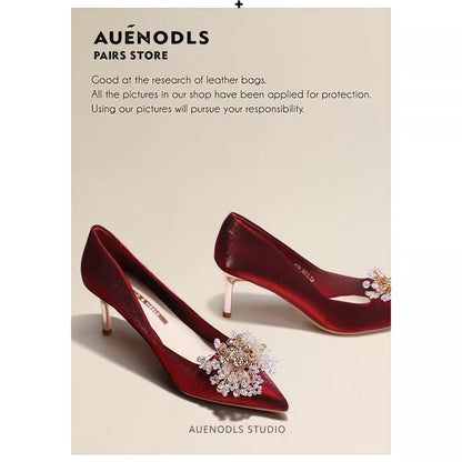 AUENODLS wine red rhinestone bow pointed high heels female stiletto Xiuhe two wear Chinese bridesmaid wedding shoes