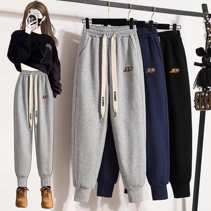 Autumn and winter new fleece sweatpants women's embroidered letter drawstring loose and thin casual harem trousers