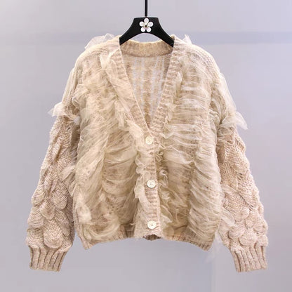 Small fresh mesh design sweater jacket women's early autumn 2022 new Korean version loose and western style knitted cardigan