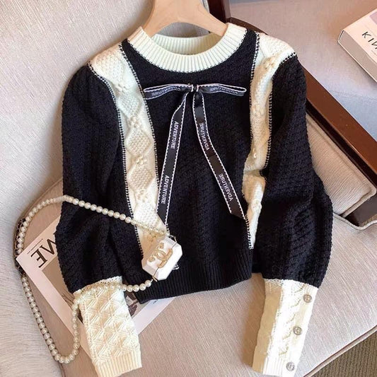 French style small fragrance color matching bowknot sweater women's autumn 2022 new exquisite high-end round neck pullover sweater