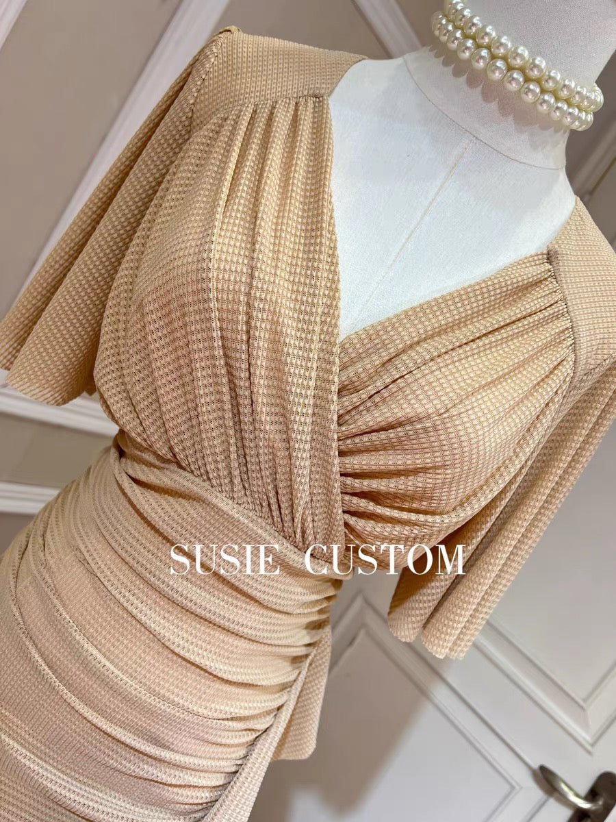 Customized temperament V-neck cover arm lotus leaf sleeves slim waist pleated bag hip long slit elastic dress