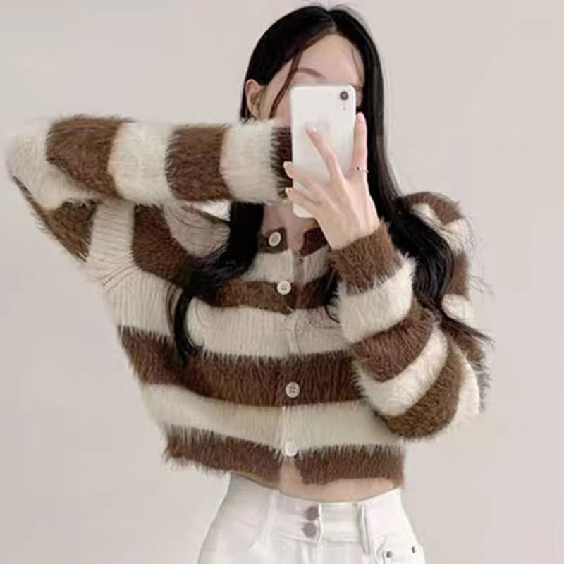 Korean chic autumn and winter retro temperament round neck single-breasted color striped mohair long-sleeved knitted sweater women's