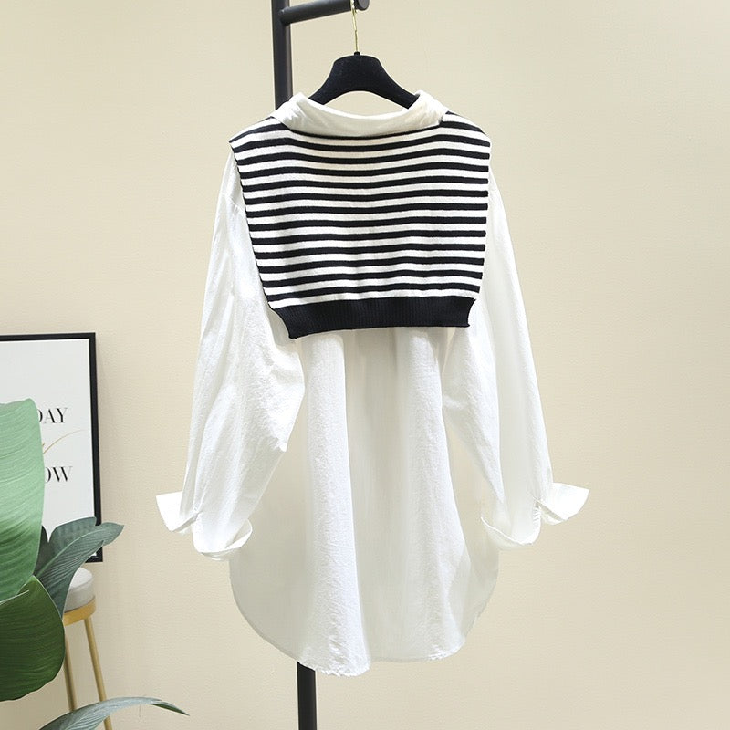 White two-piece shirt women's loose casual top 2023 spring new simple all-match long-sleeved cotton shirt