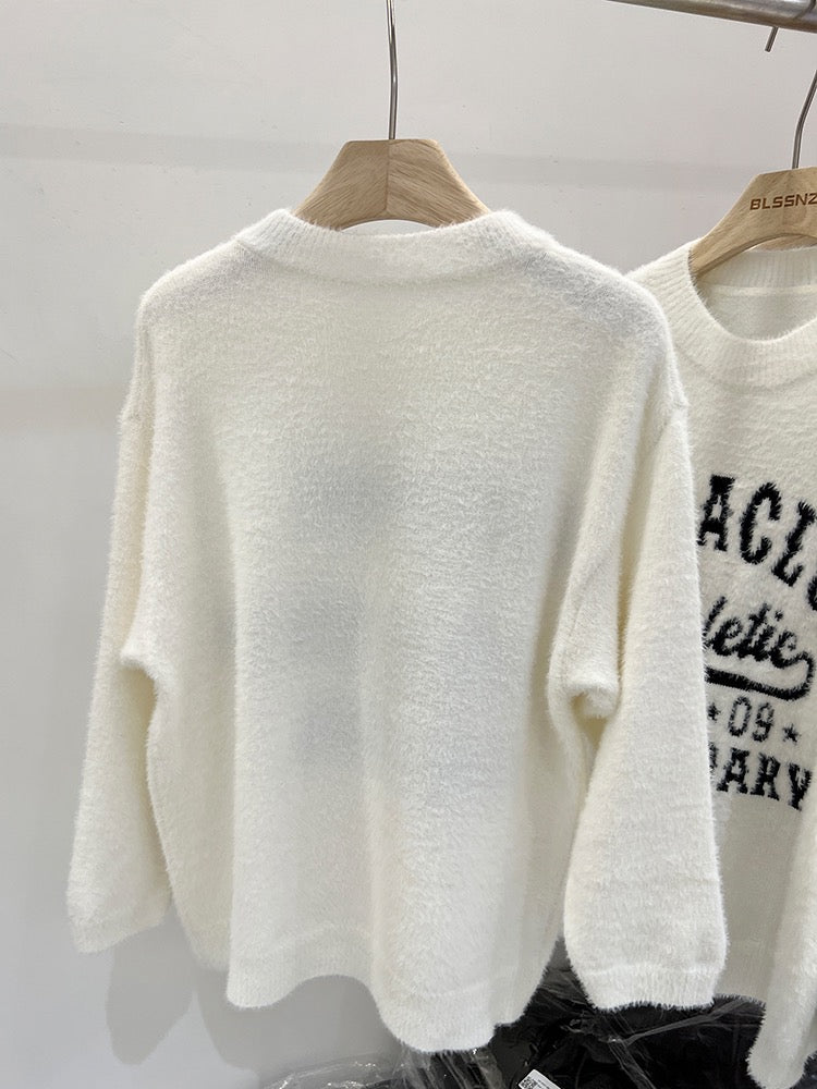 White mink sweater women's autumn and winter outerwear loose lazy wind letter jacquard knitted top round neck bottoming shirt women