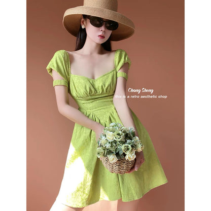 (Pre-Order) CHANGSHENG 4/12 20:00 Green Rattan Flower Mustard Green Pure Desire Dress Puff Sleeves Square Neck Tutu Skirt