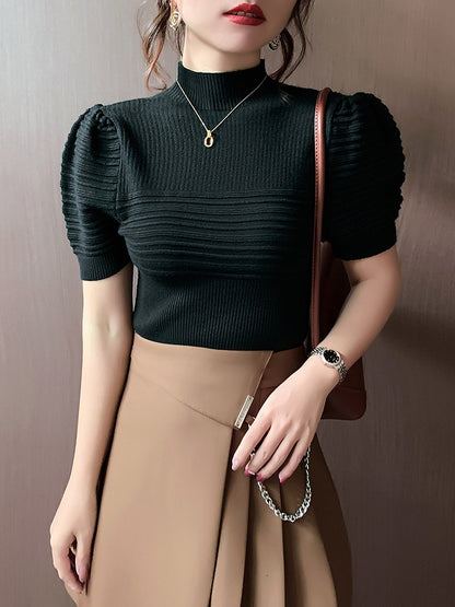 Short-sleeved knitted sweater T-shirt women's 2022 autumn and winter new bottoming shirt loose pullover with three-dimensional striped top