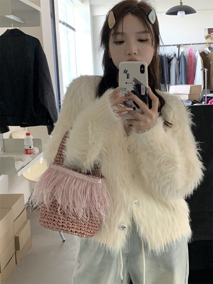 Short White Mink Velvet Cardigan Women's Spring Gentle Wind V-Neck Loose All-match Knitwear Jacket