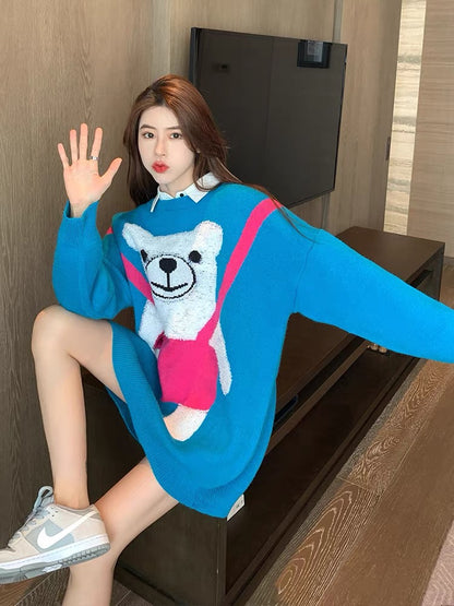 Cute bear blue sweater women's loose Korean style fashion age-reducing outer wear pullover mid-length autumn and winter