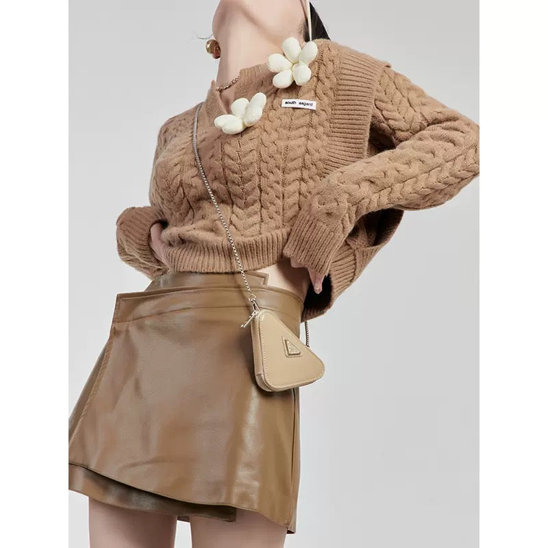 LLL LAB/French Salt Top Brown Three-dimensional Flower Design Short Sweater Oversize Lazy Wind 1644