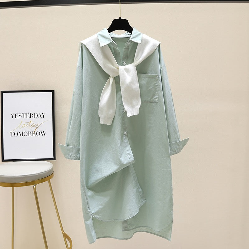 Two-piece shawl mid-length shirt skirt women's spring style 2023 new fashion loose casual shirt long-sleeved outerwear