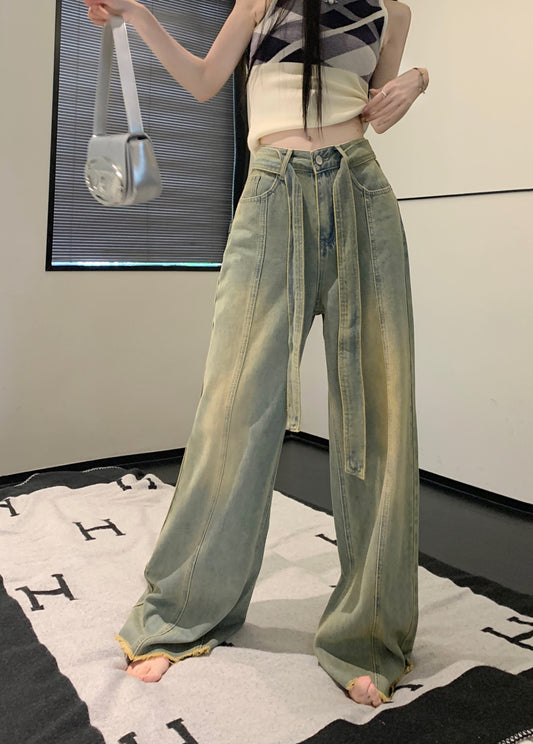 Retro old raw edge jeans women's summer high waist loose straight trousers design sense wide leg mopping pants