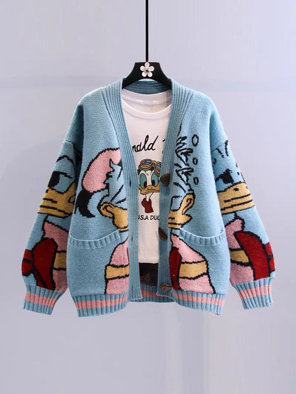 Japanese cartoon sweater jacket women's autumn and winter 2022 new style lazy wind loose outer wear all-match thickened knitted cardigan