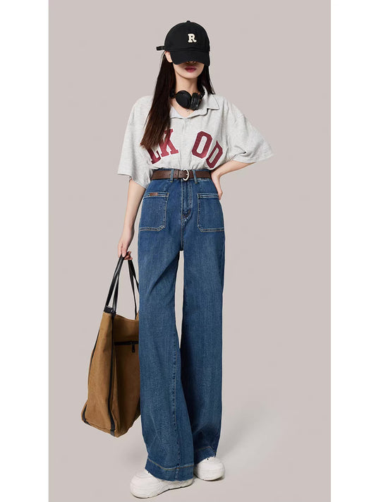 Design sense wide-leg jeans women's autumn 2022 new high-waisted loose and thin straight-leg mopping pants spring and autumn