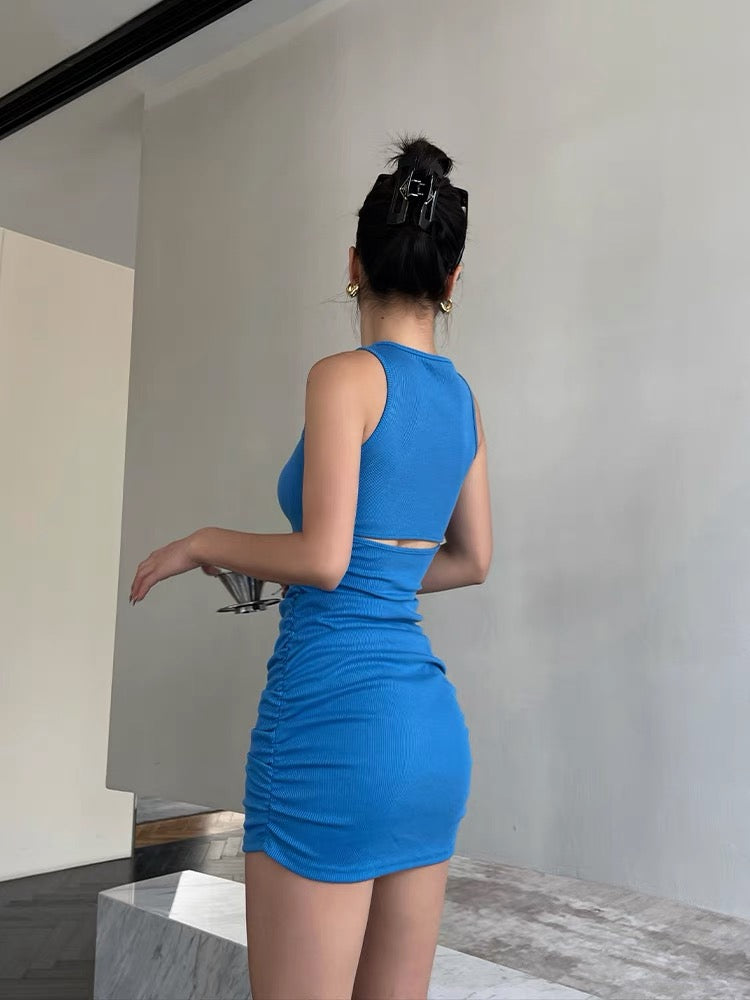 Well also blue sleeveless vest dress women's summer new slim waist hollow design sense package hip skirt