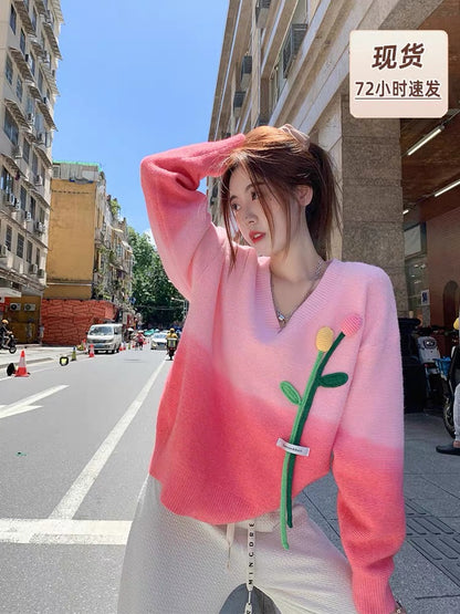 Zeng Xiaoxian women's gradient V-neck sweater women's autumn new three-dimensional flower loose and lazy wind knitted sweater top