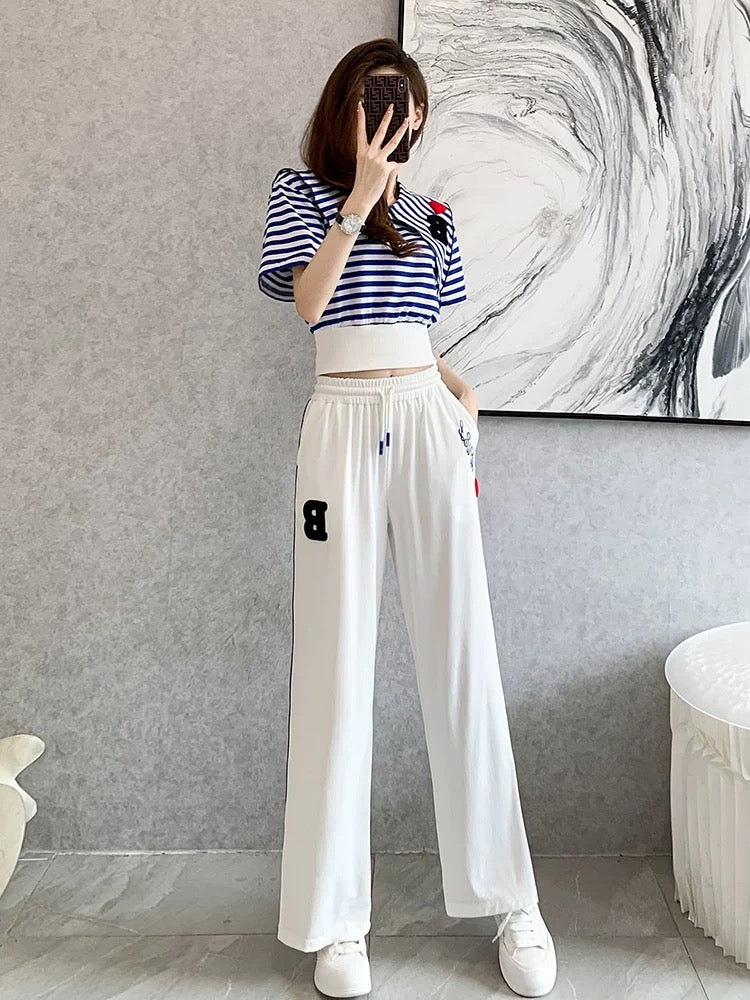 Sports and leisure suit women's summer 2022 new short-sleeved striped waist slimming fashion wide-leg pants temperament two-piece set