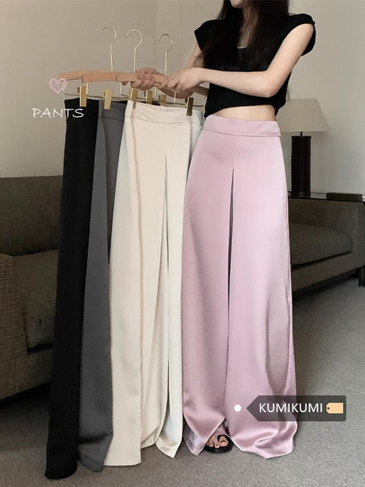 kumikumi design sense high waist casual pants solid color drape wide leg pants women's spring and summer loose and thin long pants