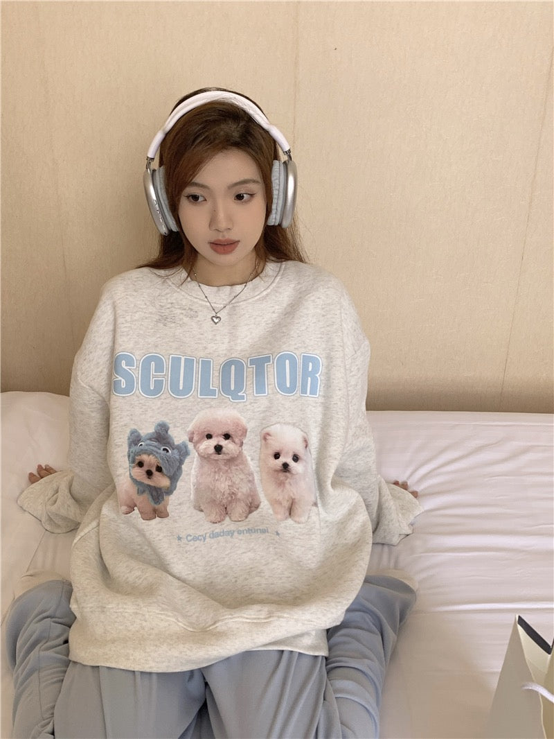 Kumikumi round neck long-sleeved lazy pullover plus fleece sweater women's autumn loose all-match dog print top