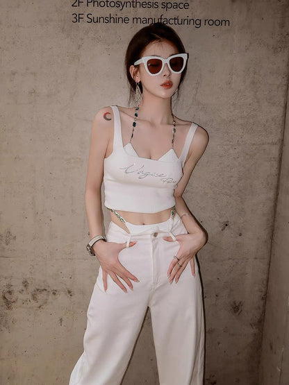 [Earth Store] Sweet hot girl white diamond chain two-piece vest female summer sexy suspender top