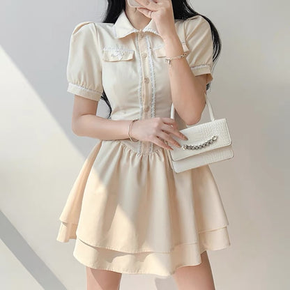 Amyway French girly polo collar waistband slim cake skirt niche milk sweet apricot waist dress summer