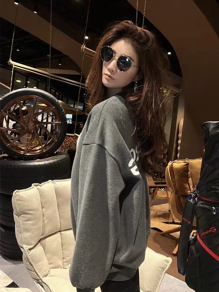 Loose and lazy style gray rabbit sweater plus velvet women's autumn and winter 2022 new European goods niche design top trend