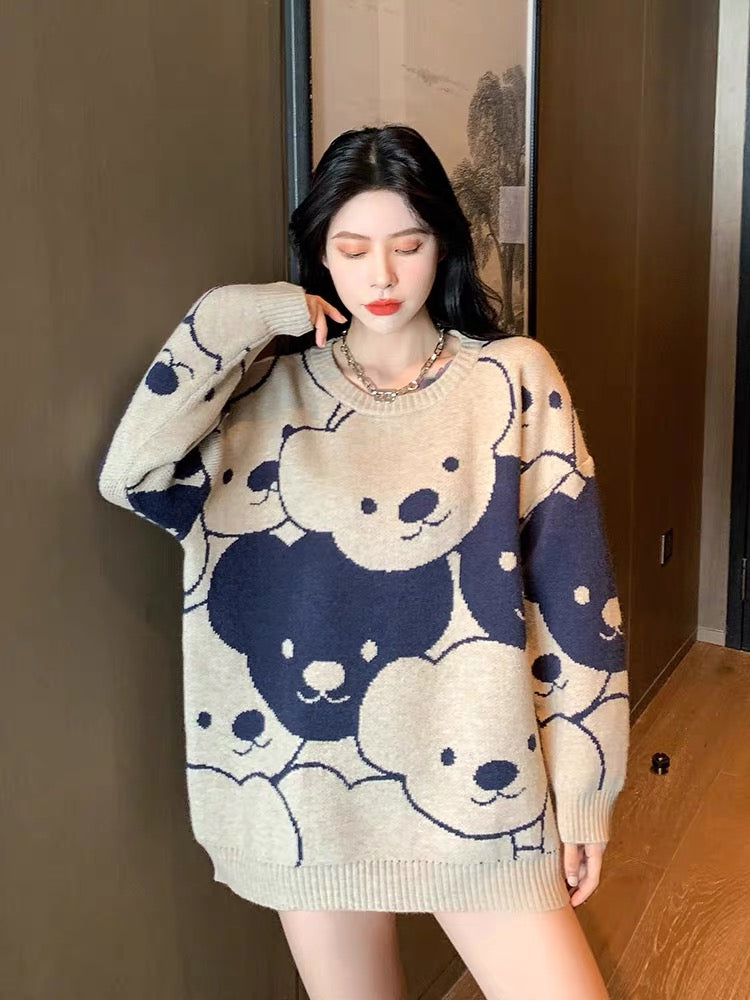 Sweet and spicy top autumn and winter bear sweater women's loose pullover lazy style design French niche outer wear sweater