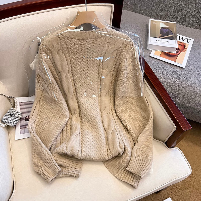 2022 autumn and winter new V-neck design sense loose mesh splicing wood ear side foreign style twist sweater knitted sweater women