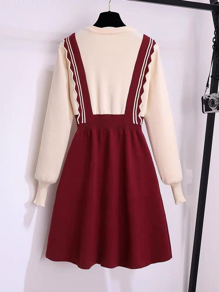 Red knitted dress small women's autumn and winter high-end cold wind high-end fake two-piece strap sweater dress