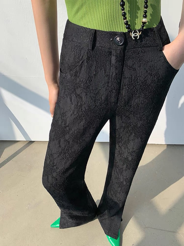 WANGXO black retro jacquard casual pants women's 2022 spring and summer high waist drape thin slit straight pants