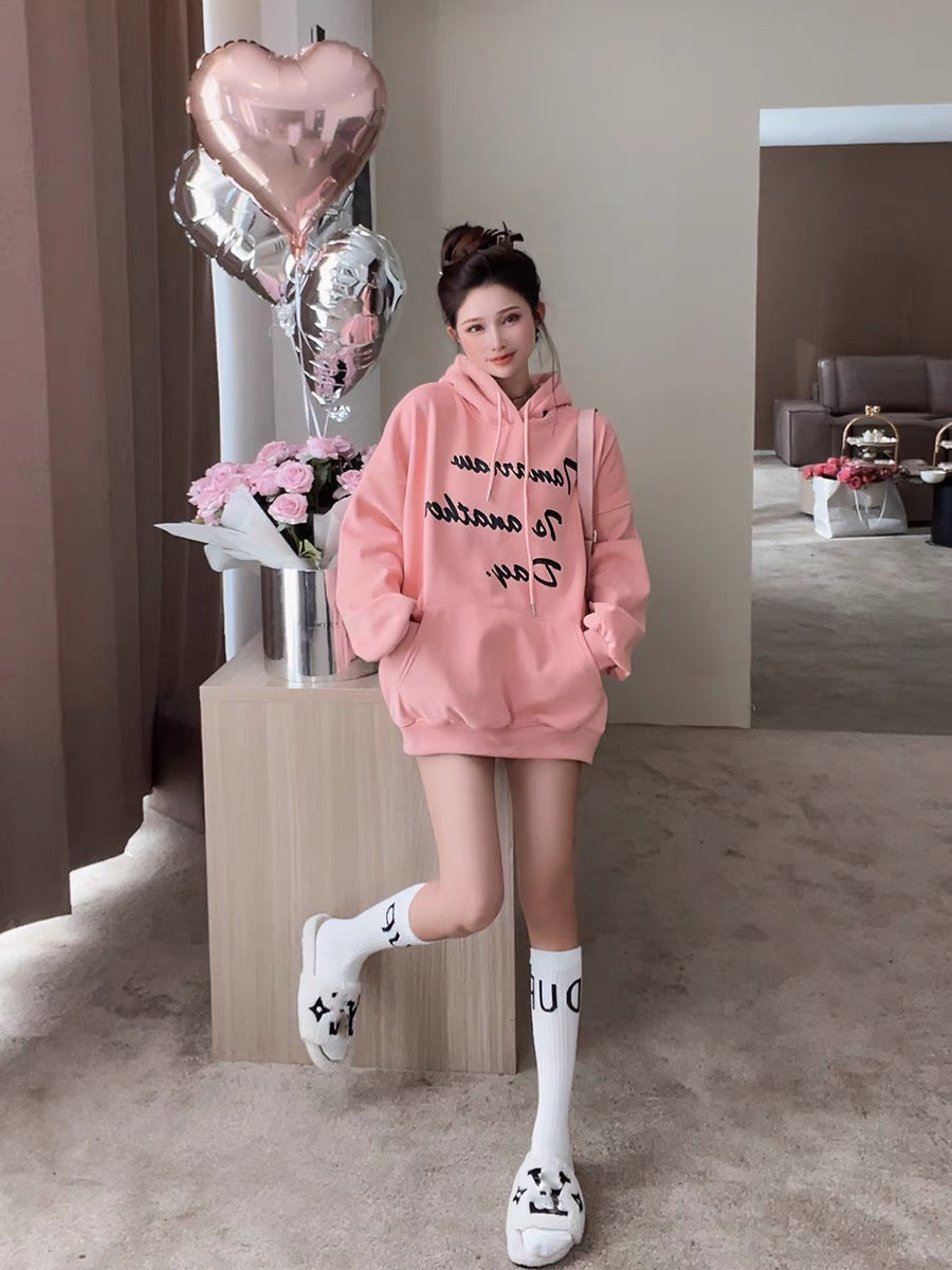 Hooded mid-length fleece sweater women's autumn and winter 2022 new style cover the buttocks lazy wind thick loose top winter