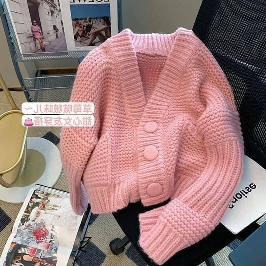 2022 spring and autumn new thick pink twist v-neck loose sweater solid color coat women's winter short knitted cardigan