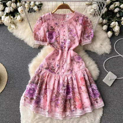 Sweet and age-reducing Korean version fashion floral dress female small waist and thin temperament bubble sleeve A-line skirt