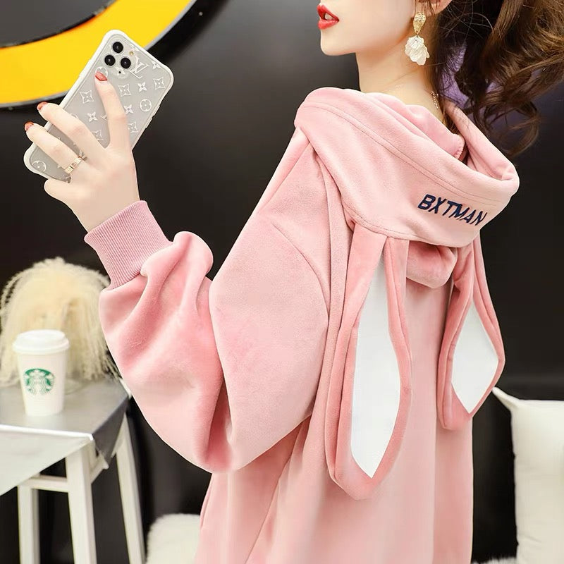 Plush thickened hooded sweater women's mid-length autumn and winter 2022 new Korean version loose all-match sweet and cute coat