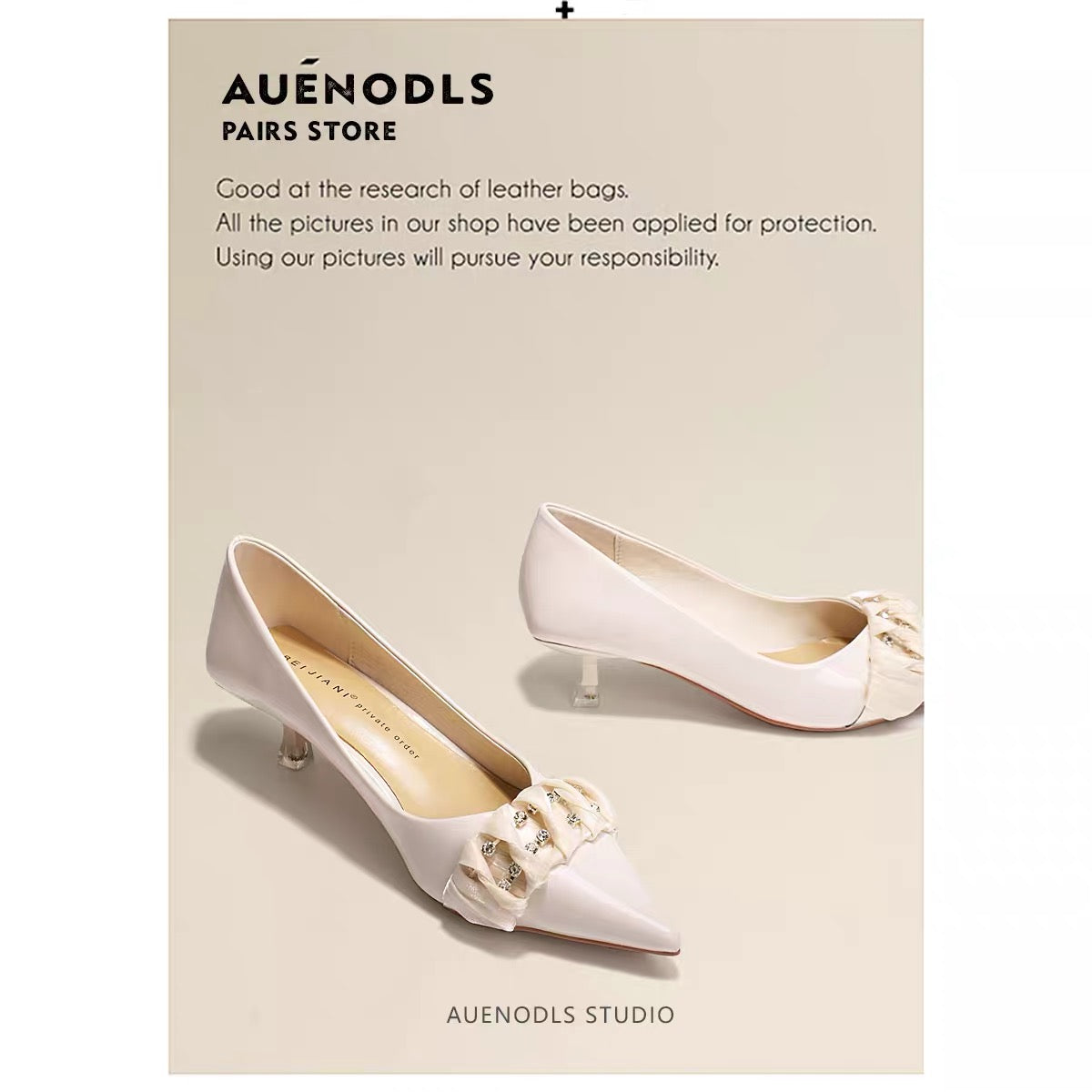 AUENODLS leather nude white lace rhinestone pointed high-heeled shoes women's French bridesmaid medium stiletto wedding shoes women