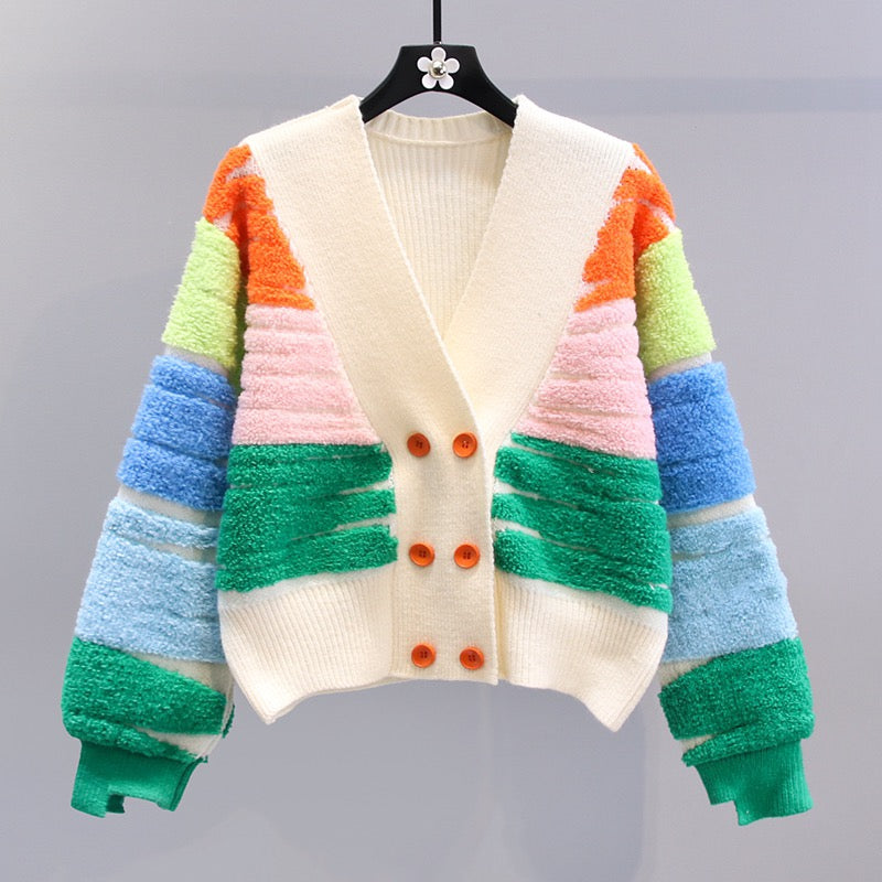 Contrasting color V-neck double-breasted sweater coat women's autumn and winter 2023 new loose lazy style high-quality knitted cardigan