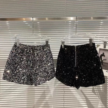 Net red with the same paragraph 2022 autumn new full sequins shiny heavy industry zipper nightclub celebrity three-point shorts hot pants women