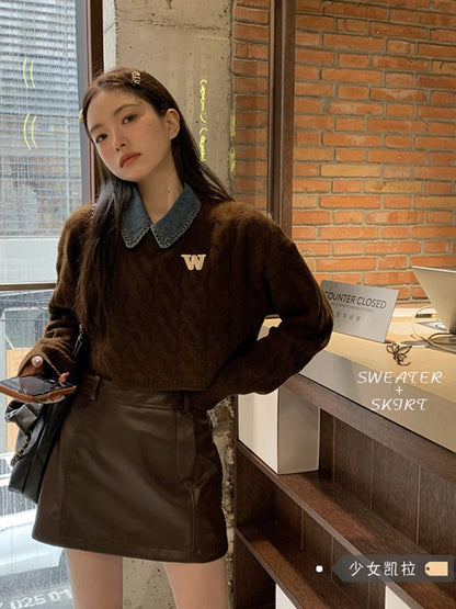 Japanese short coffee color sweater women's spring 2023 new retro lazy style loose long-sleeved sweater top