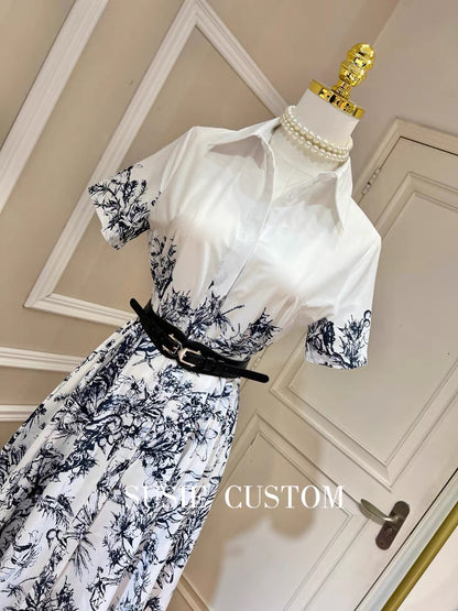 High-definition temperament design print small lapel short-sleeved waist A-line skirt hem shirt dress with belt