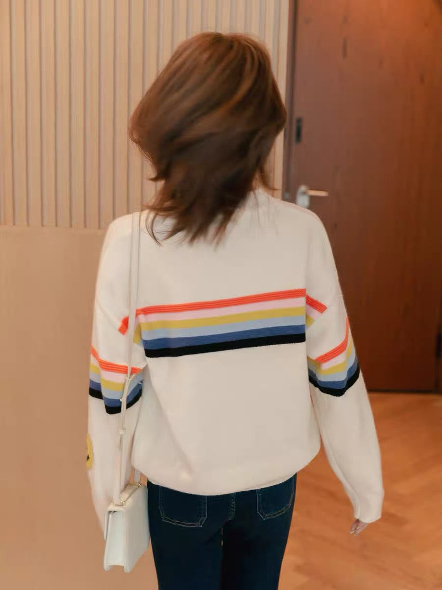 Small grain design round neck striped sweater women's 2022 autumn and winter new small age-reducing knitted long-sleeved top